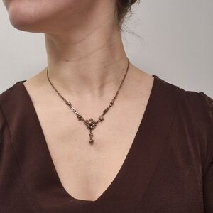 Vintage Fairycore Delicate Detailed Bronze Y Choker Brown Pearls Necklace Y2k
